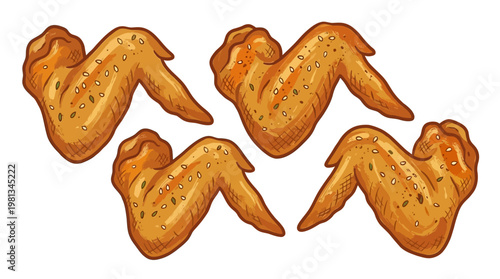 Delicious golden crispy chicken wings, perfectly seasoned and ready to eat, ideal as a savory snack or appetizer for any gathering, isolated hand-drawn vector illustration