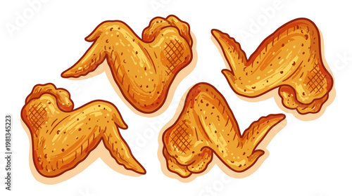 A mouth-watering vector illustration featuring perfectly cooked, crispy golden-brown chicken wings, ideal for culinary designs, restaurant menus, and food graphics