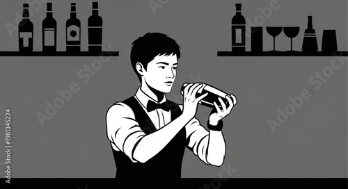 Bartender shaking cocktail in a shaker at a bar.