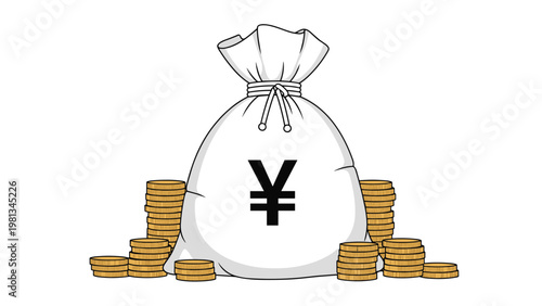 Giant white bag of money tied with a rope featuring a black yen symbol surrounded by many stacks of gold coins.