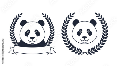 Pair of panda face logo variations framed by laurel wreaths with one featuring a blank ribbon banner below it.