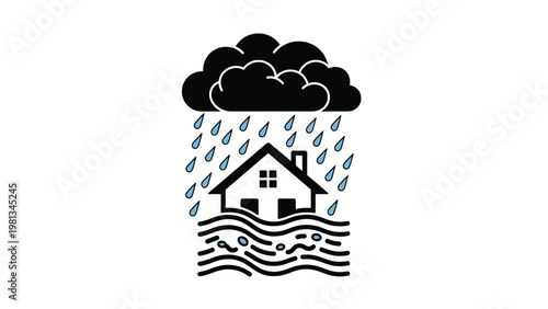 Dramatic illustration of a house partially submerged in rising flood waters under a dark raining cloud above.