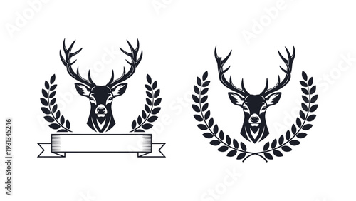 Pair of majestic deer head logos with large antlers framed by laurel wreaths and a classic ribbon banner below.