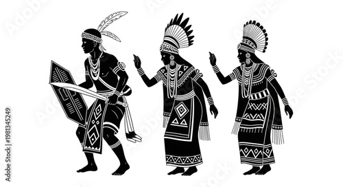 Three tribal warriors in traditional attire with weapons and headdresses.