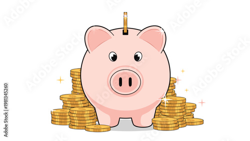 Cute pink piggy bank sitting in front of a pile of golden coins representing savings, banking, and prosperity.