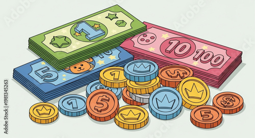 Colorful toy money bills and coins for childrens games.