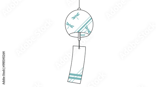 Delicate glass wind chime decorated with a blue dragonfly pattern hanging with a long paper tail at the bottom.