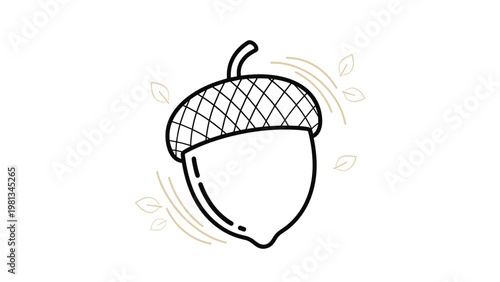 Cute black and white acorn illustration with a hatched cap and floating leaves indicating fall or autumn time.