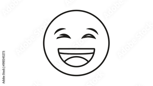 Simple black and white laughing emoji face with closed squinted eyes and a wide open mouth on white background.