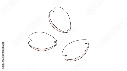 Three delicate pink cherry blossom petals falling through the air illustrating a soft spring or summer breeze.