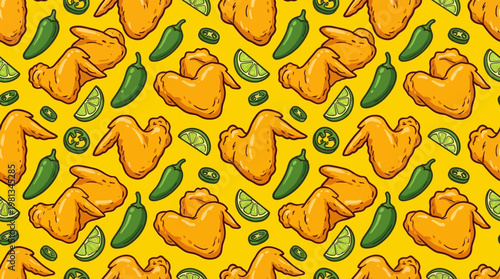 Delicious seamless pattern of crispy chicken wings, fresh lime slices, and spicy jalapeño peppers on a vibrant yellow background, perfect for culinary and restaurant themes