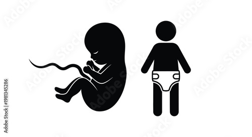 A stark black and white illustration depicts a fetus and a toddler contrasting stages of human development