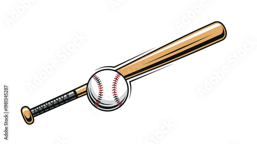 Dynamic sports illustration of a wooden baseball bat and a white baseball in motion with speed lines around.