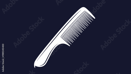 White hair comb silhouette with handle shown diagonally on a dark navy blue background for grooming design.