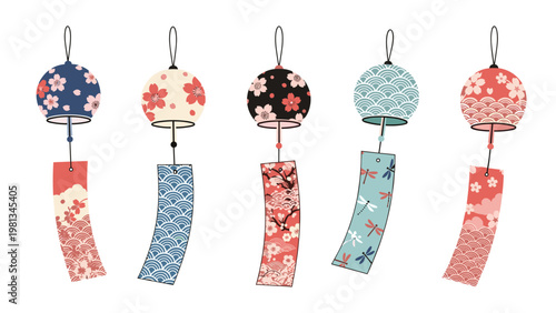 Collection of five decorative Japanese wind bells with vibrant floral and dragonfly designs and matching paper tails.