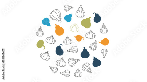 Circular arrangement of diverse gourd and pumpkin shapes in orange, blue, green, and navy silhouettes for autumn theme.