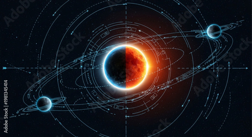 Cosmic celestial body with orbiting moons and rings.