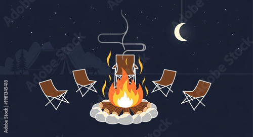 Campfire scene with chairs at night under the moon.