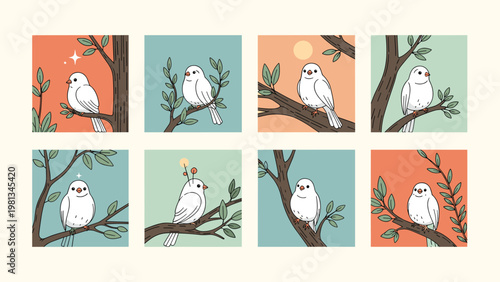 Collection of eight artistic panels each showing a different white bird perched on a leafy tree branch against colorful skies.