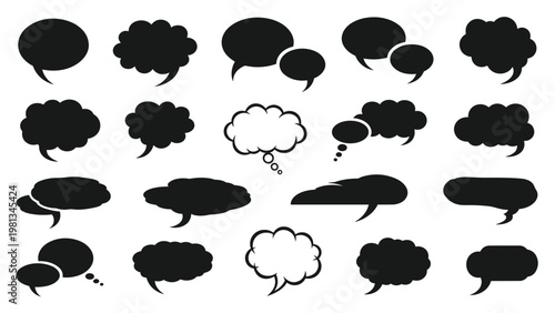 Comprehensive collection of twenty-four different black and white speech bubble shapes for comic and chat designs.