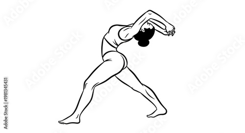Woman performing yoga warrior pose line drawing.