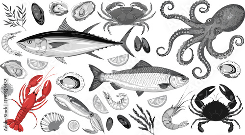 Vintage cartoon vector illustration set of various marine animals and sea fish icons featuring a seamless underwater nature pattern with shark and salmon silhouettes for seafood design