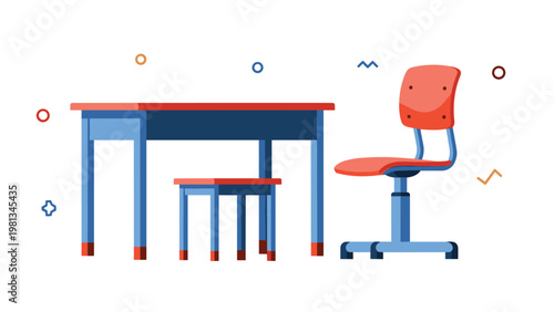 Cartoon style study area furniture featuring a blue desk, a matching stool, and a red adjustable swivel office chair.