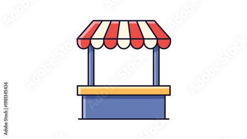 Simple colorful stall or booth illustration with a red and white striped roof awning and a blue base on white background.