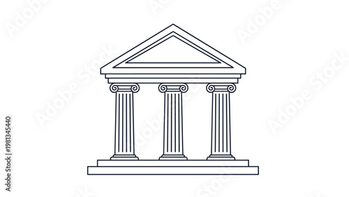 Classic architectural line drawing of a Greek or Roman temple building with three columns and a triangular roof.