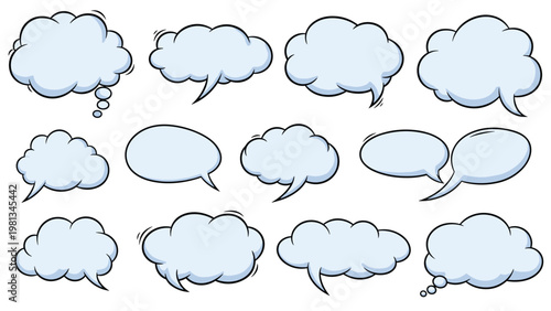 Collection of twelve various light blue cartoon speech bubble shapes with black outlines and shadows for chat graphics.