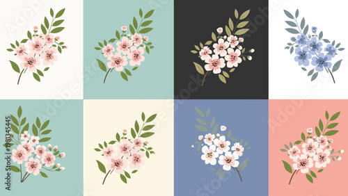 Grid of eight botanical panels showing small pink or blue flower bouquets with green leaves on various colored backdrops.