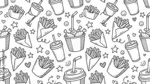 Playful hand-drawn seamless pattern depicting popular fast food items such as crispy french fries, cool refreshing drinks, and savory fried chicken, perfect for cheerful backgrounds