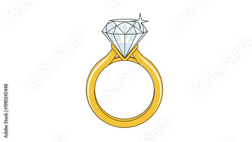 Elegant gold ring with a large brilliant cut diamond sparkling on top isolated on a white background for jewelry themes.