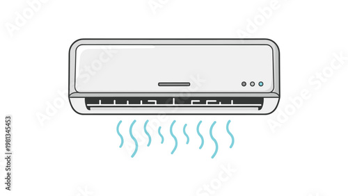 Modern wall-mounted white air conditioner unit blowing cool blue air waves representing comfort and climate control.