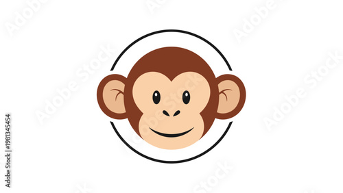 Friendly brown monkey face icon inside a circular frame with a warm smile on a clean white background for kids.