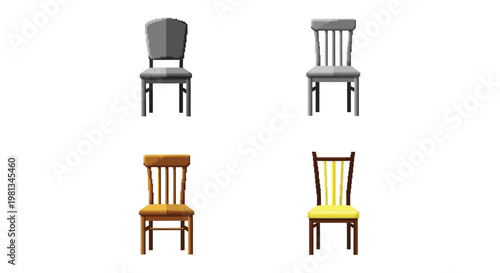 A simple arrangement showcasing four distinct chairs with varying styles and colors on a white background
