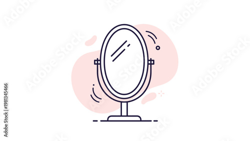 Stylish oval vanity mirror on a stand with minimalist line art and soft pink decorative shapes in the background.