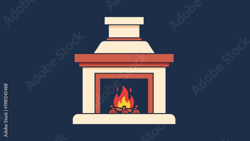 Cozy traditional fireplace with burning logs and bright flames inside a stone hearth on a dark blue background interior.