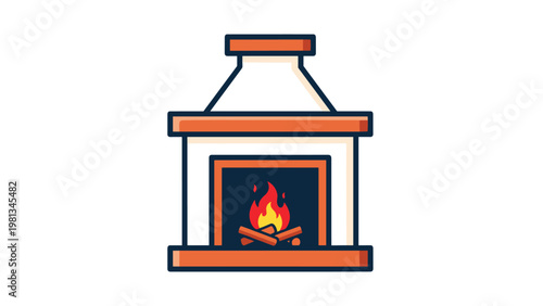 Modern stylized fireplace with orange accents and a warm fire burning on logs against a clean white background.