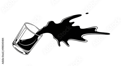 Black liquid spills from a clear glass in a dynamic splash.
