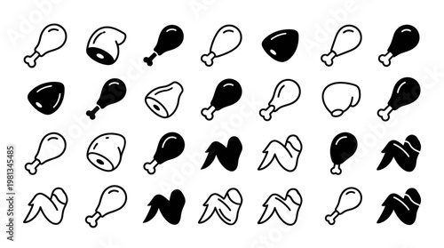 Collection of chicken parts vector icons. Includes drumsticks, thighs, and wings in black and white outline and solid styles. Ideal for food and culinary branding