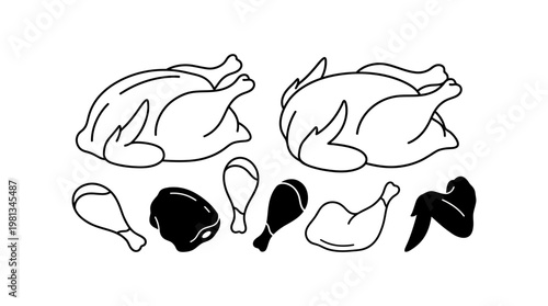 Simple line art illustration of raw whole chickens and various cuts like drumsticks, thighs, and wings, depicting fresh poultry for cooking and culinary themes