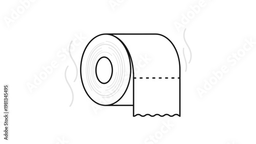 Clean line art illustration of a roll of toilet paper with wavy edges and subtle steam or fragrance lines around it.