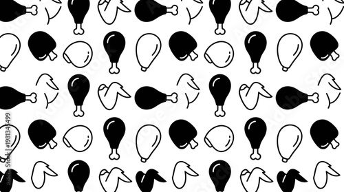 Monochrome pattern of stylized chicken cuts like drumsticks and wings, creating a clean culinary background suitable for food-related designs and restaurant themes