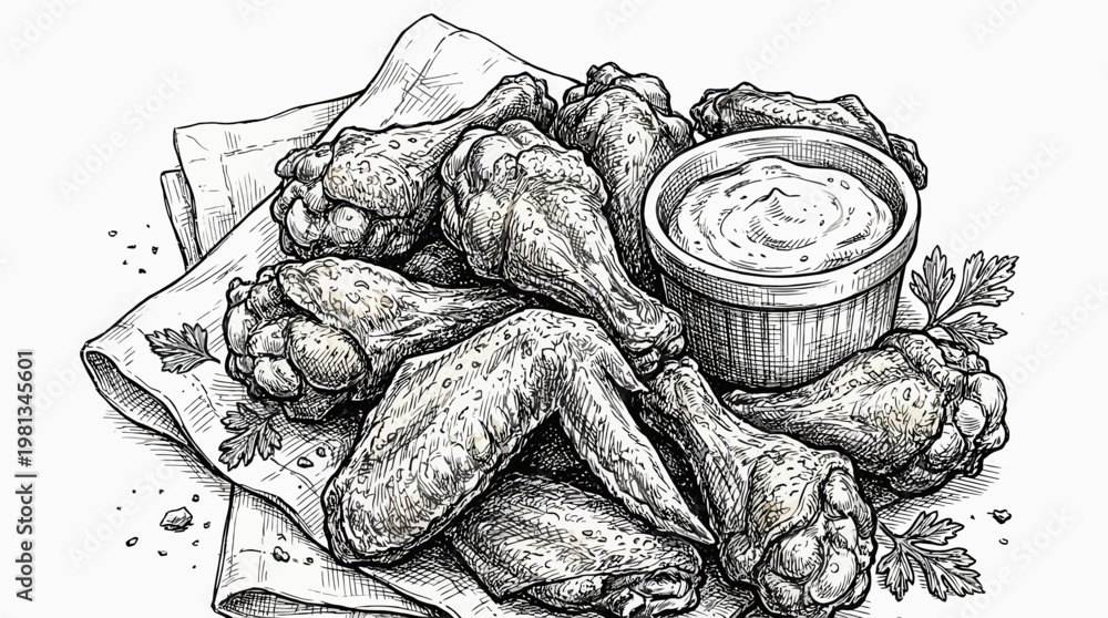 Fototapeta premium Hand-drawn monochrome illustration depicting a tempting platter of crispy chicken wings, complete with a savory dipping sauce, presented on a textured napkin, evoking classic culinary appeal