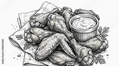 Hand-drawn monochrome illustration depicting a tempting platter of crispy chicken wings, complete with a savory dipping sauce, presented on a textured napkin, evoking classic culinary appeal