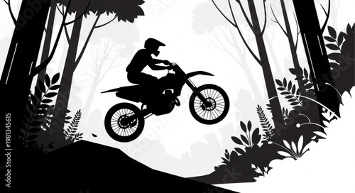 Motocross Rider Jumps Through Forest Silhouette.