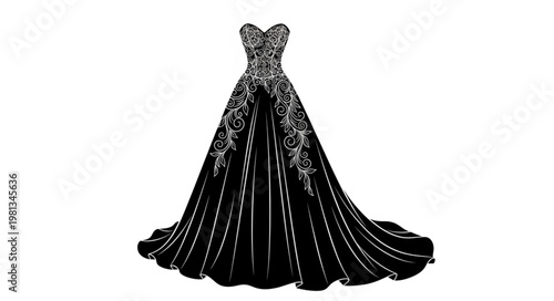 Elegant black ball gown with intricate details and train.
