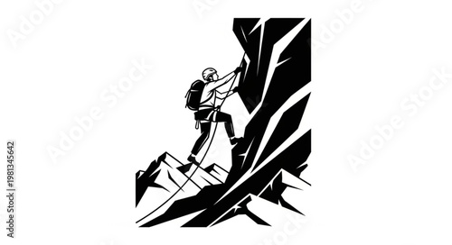 Man climbing steep rocky mountain peak with climbing gear.