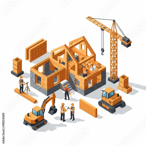 Construction of a house with workers and equipment isometric view.
